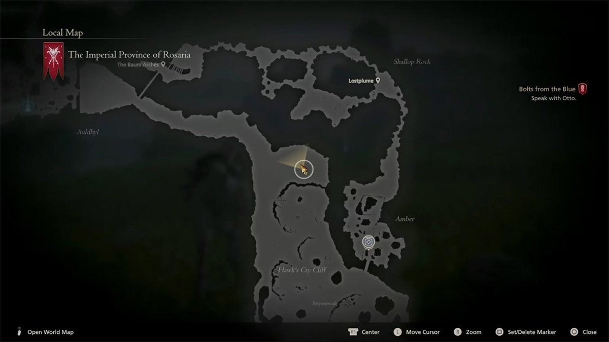 The Muddy Murder hunt location's target: the Flan Prince, is found on this spot on the Final Fantasy 16 map. The area shown is the northern part of Hawk's Cry Cliff in Rosaria and the player's yellow marker is there.