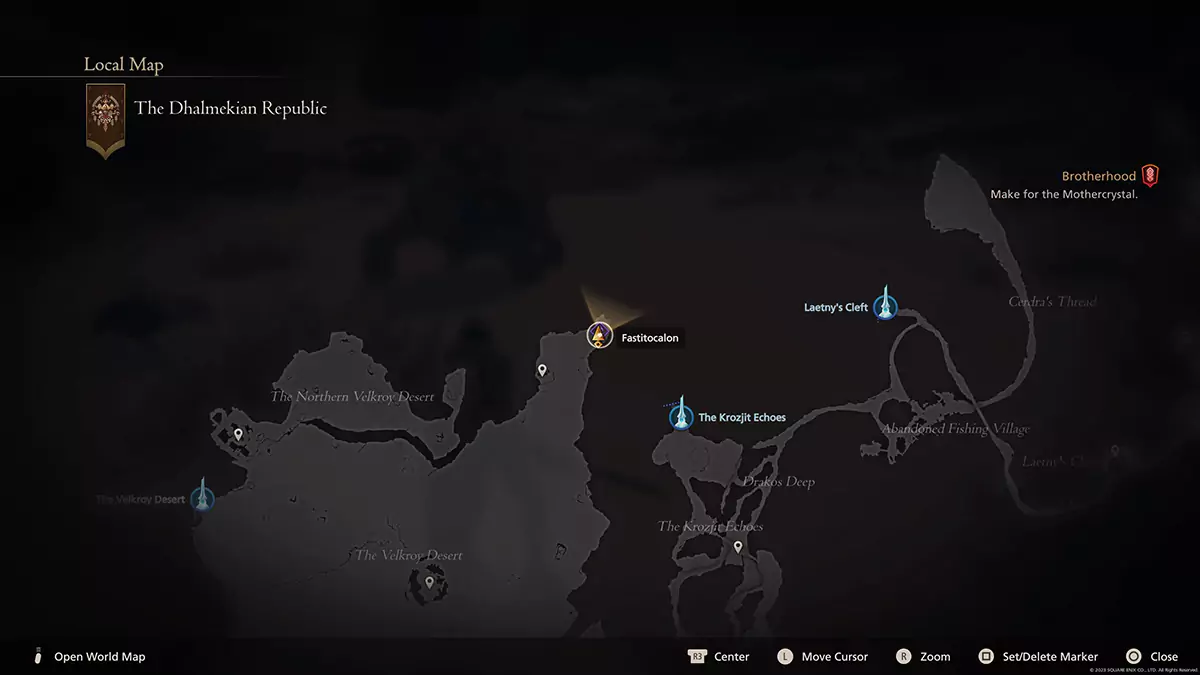 The location of Fastitocalon during the "A Hill to Die On" hunt in Final Fantasy 16.