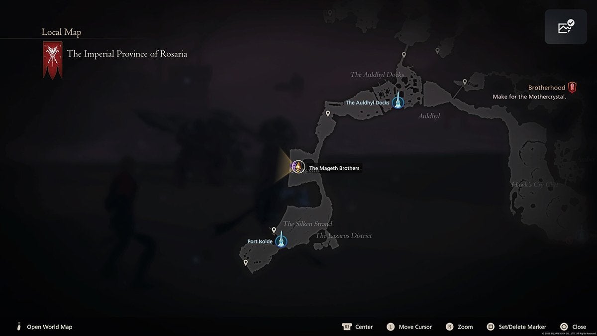 The location of the Mageth Brothers hunt within Quietsands, Rosaria in Final Fantasy 16.