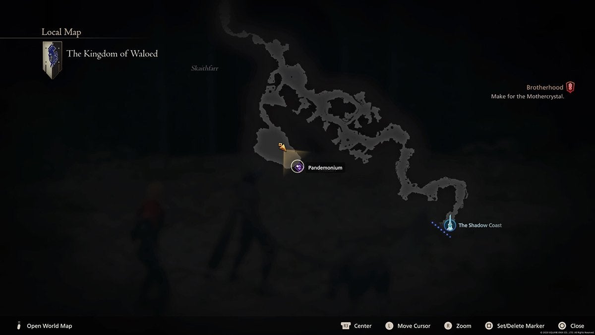 Map location of the Pandemonium hunt within the Kingdom of Waloed in Final Fantasy 16.