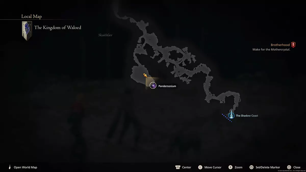 Map location of the Pandemonium hunt within the Kingdom of Waloed in Final Fantasy 16.