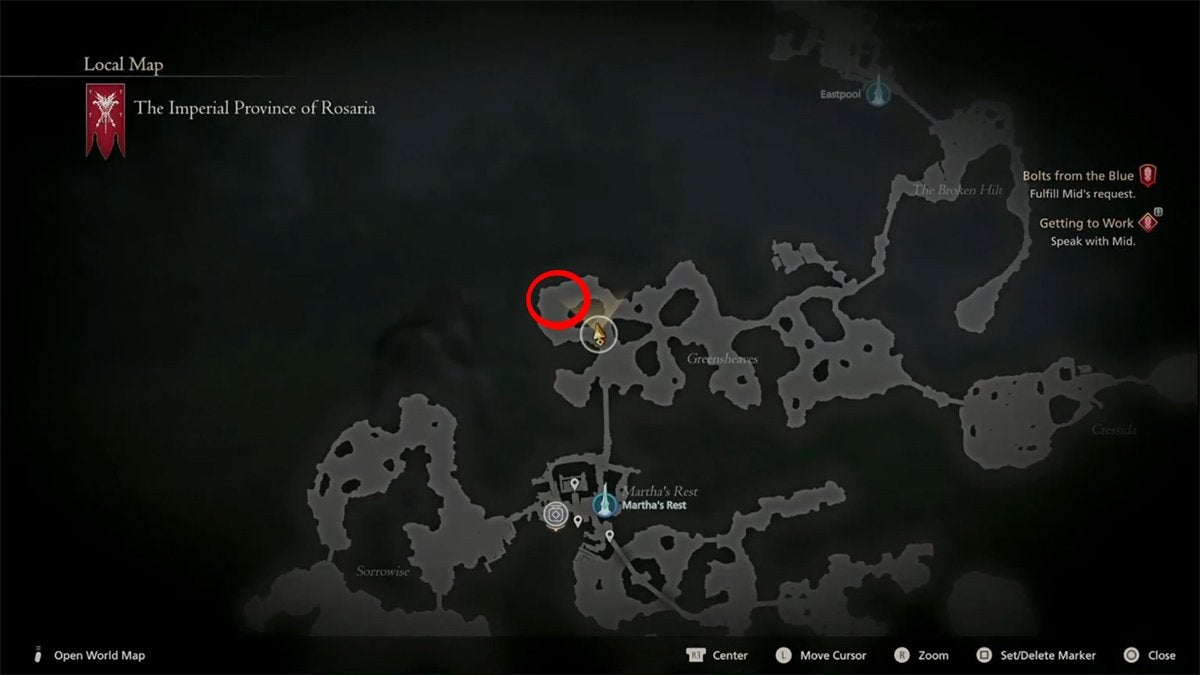 Location of the Sekhret hunt on the Rosaria map in Final Fantasy 16.