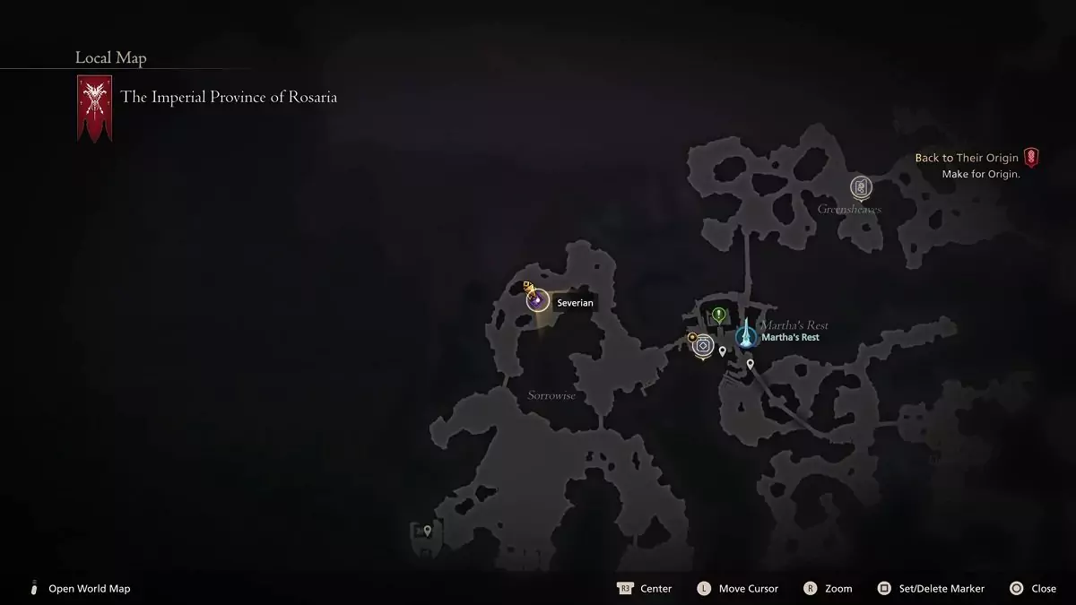Severian's location shown on the map of the Imperial Province of Rosaria in Final Fantasy 16.