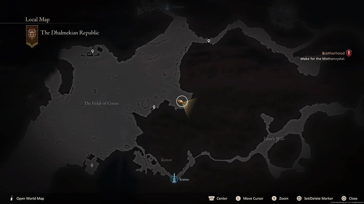 The location of the Soul Stingers hunt in the Dhalmekian Republic on the Final Fantasy 16 map.