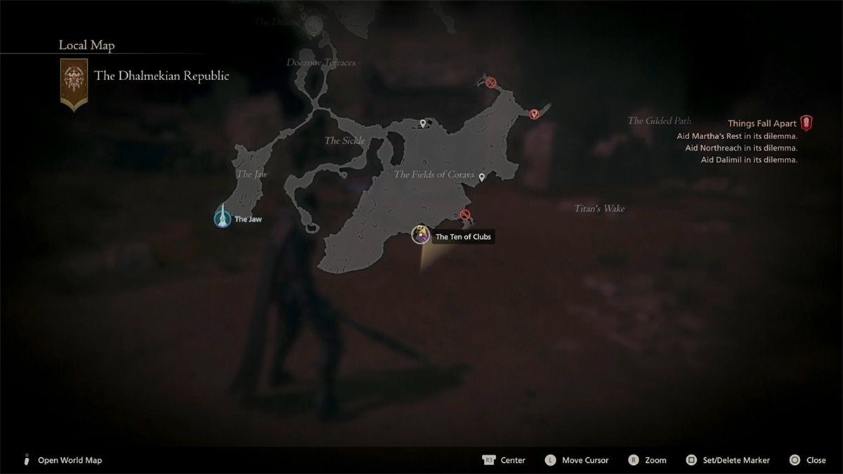 The location of the Ten of Clubs hunt within the Dhalmekian Republic in Final Fantasy 16.