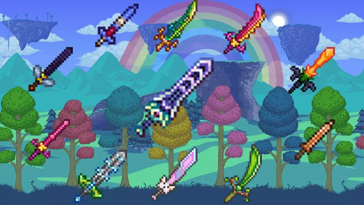 Different kinds of swords in front of a colorful background.