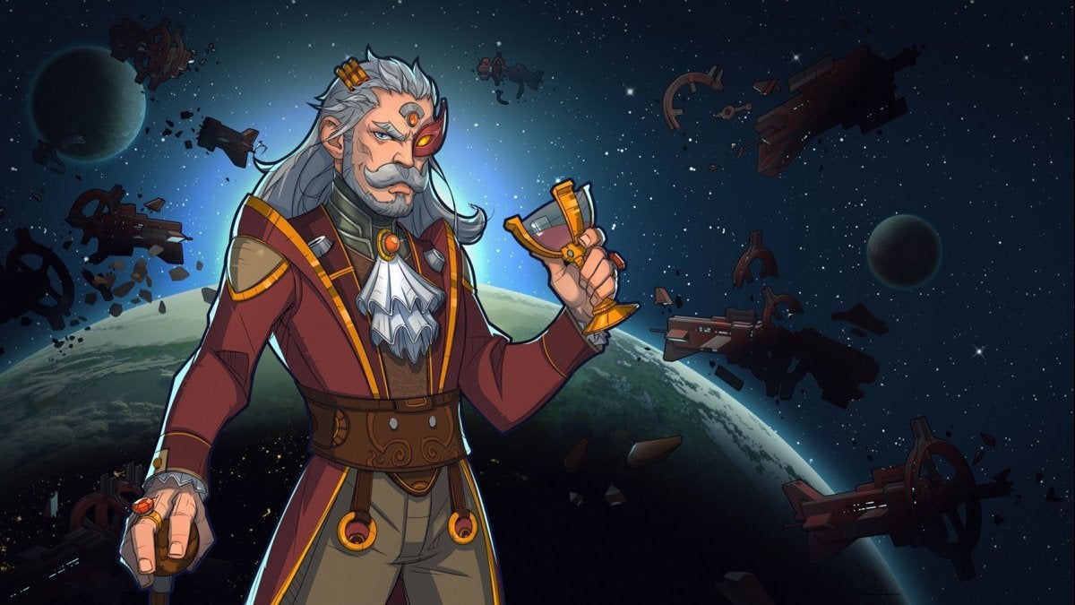 The cover for Rimworld Royalty showing an older character in fine clothing in front of a planet.