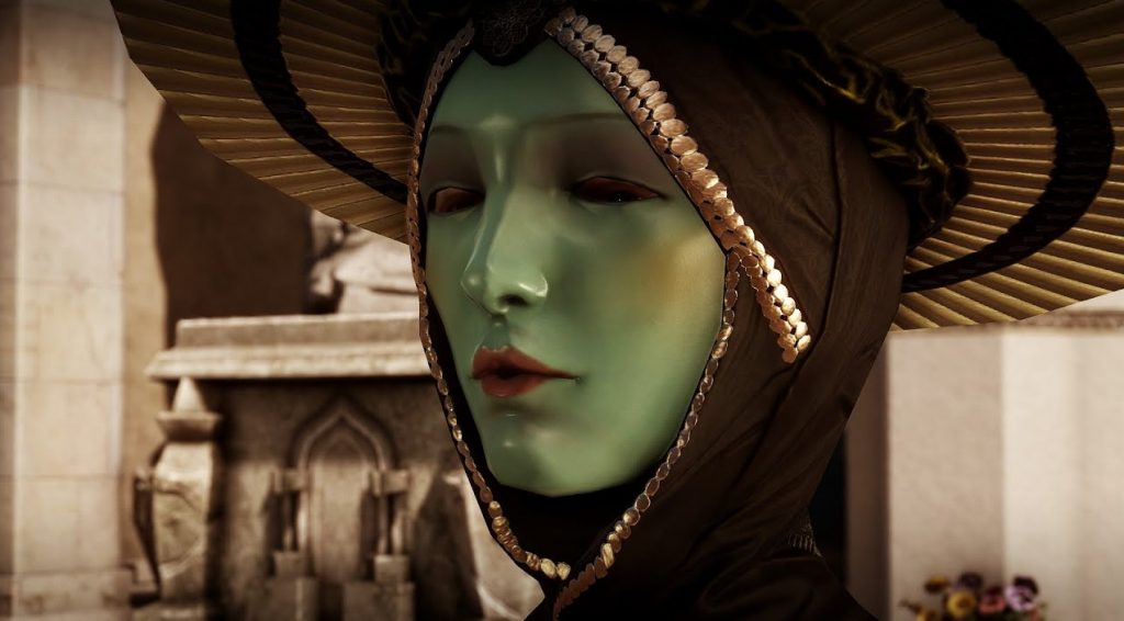 Minister Bellise, an Orleasian bureaucrat from Dragon Age: Inquisition, wearing a green mask.