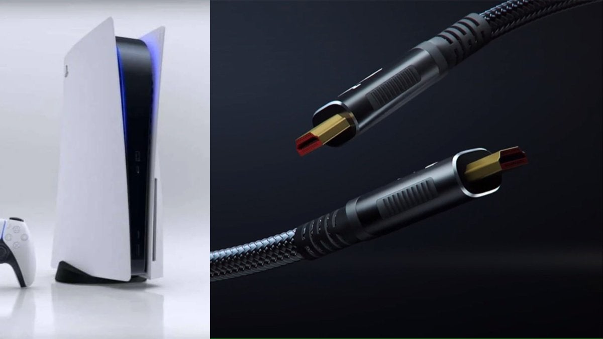 A PlayStation 5 on the left and an HDMI cable on the right.