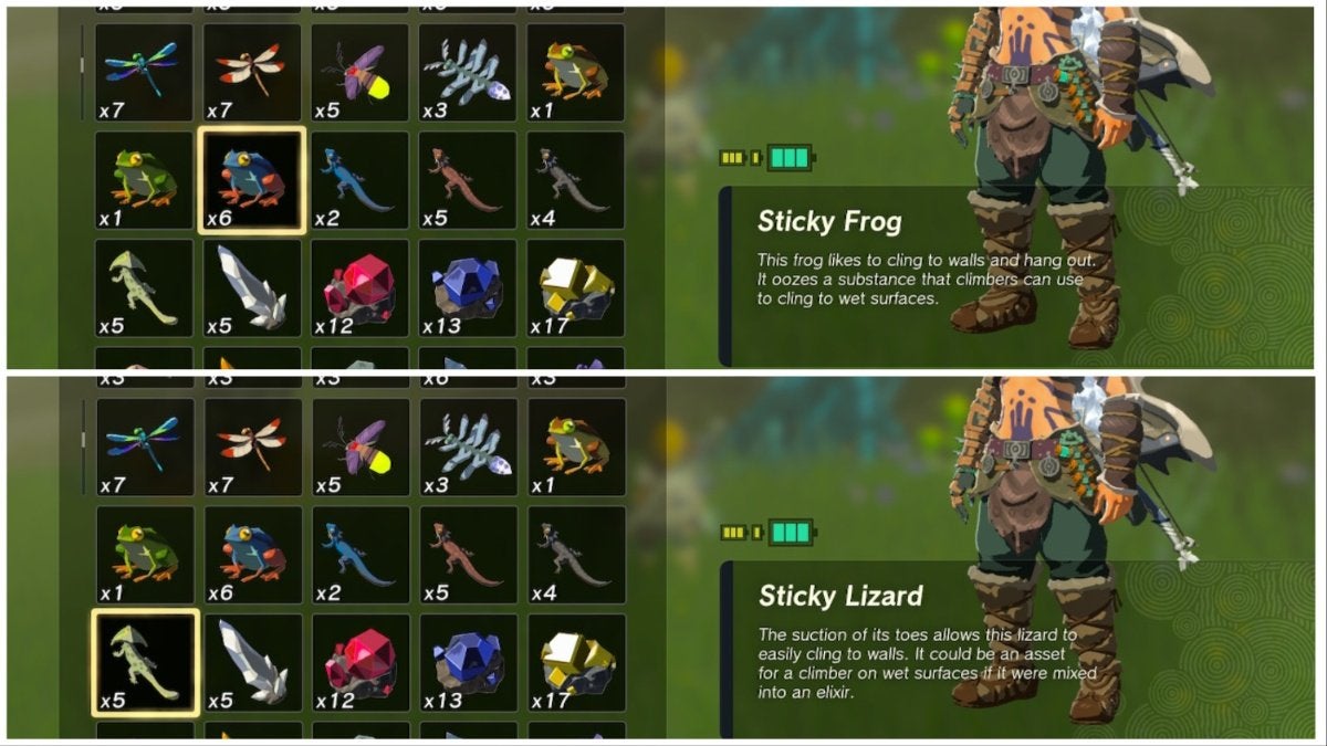 On the top is a Sticky Frog in the player's inventory, and, on the bottom, is a Sticky Lizard in a player's inventory in The Legend of Zelda: Tears of the Kingdom.