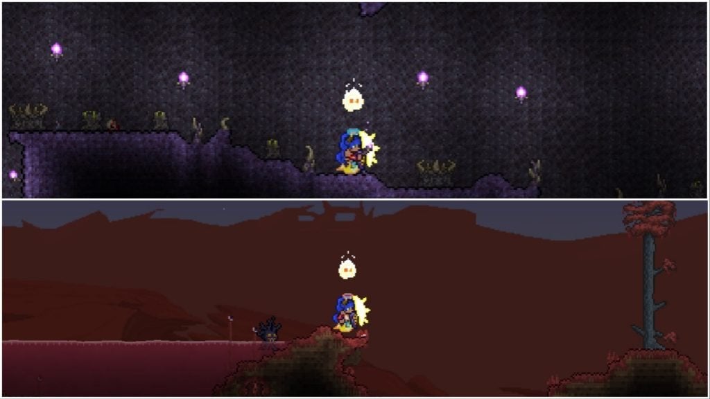 A player standing in a Corruption and Crimson biome in Terraria.