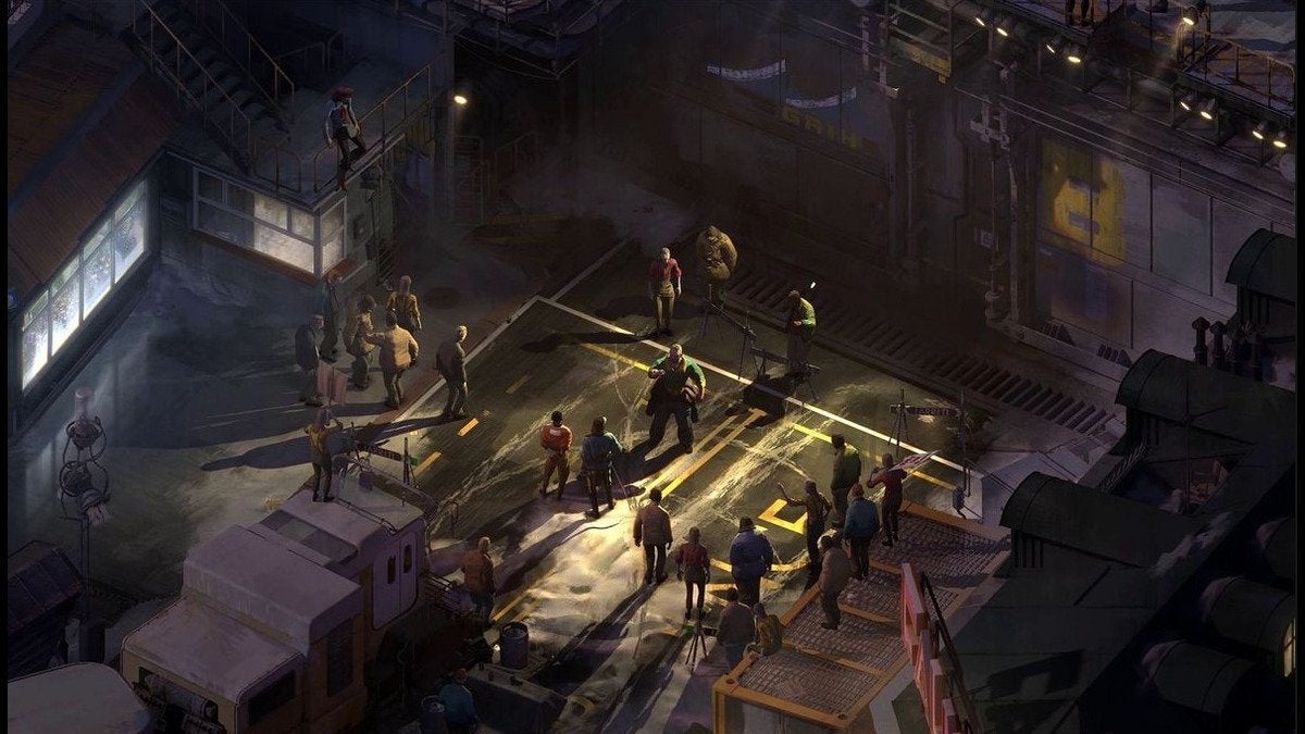 Harry and Kim talking to the dockworkers in Disco Elysium.