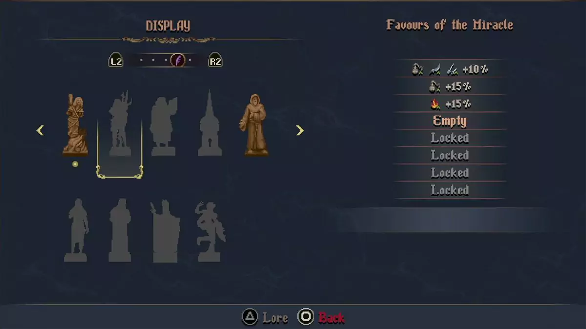 The Favour of Miracles menu in Blasphemous 2.