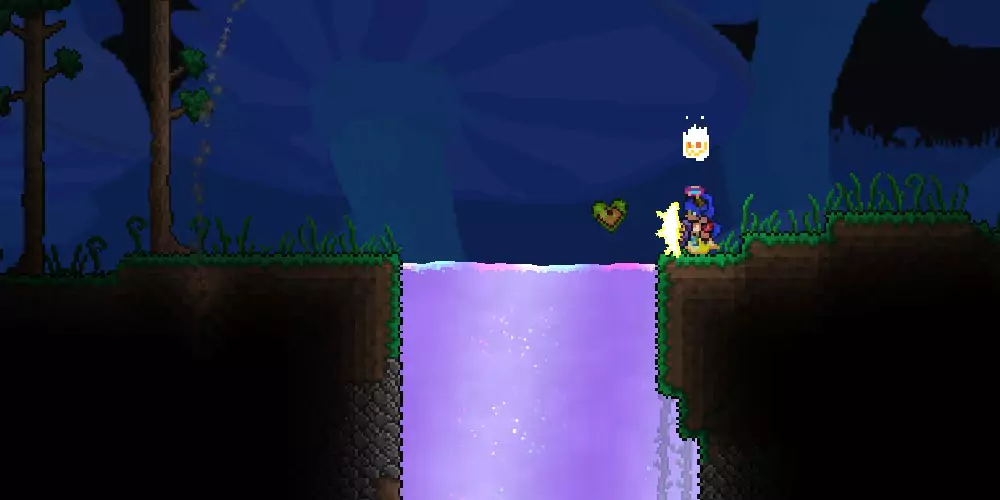 A Terraria player throwing Life Fruit into Shimmer to transform it into Aegis Fruit. 