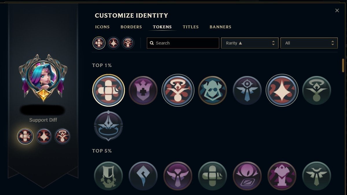The Customize Identity menu in the League of Legends client where Challenge Tokens can be changed. 
