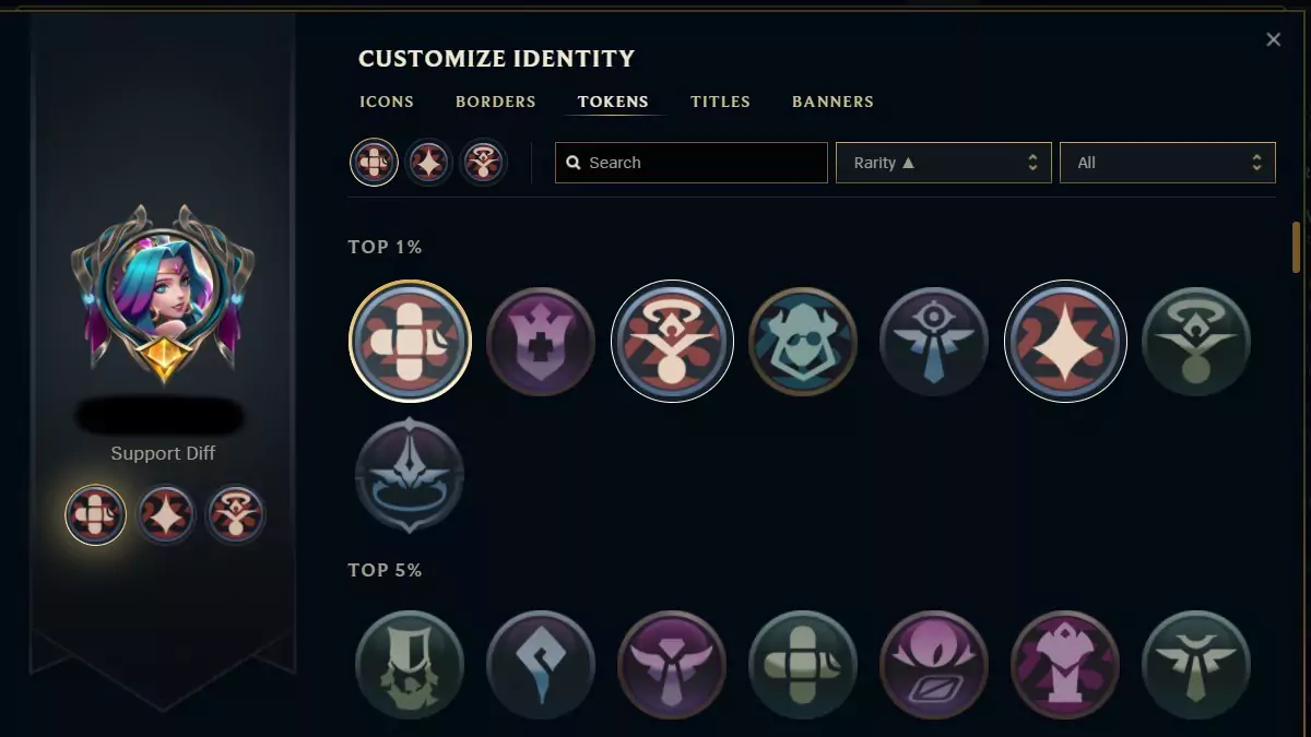 The Customize Identity menu in the League of Legends client where Challenge Tokens can be changed. 