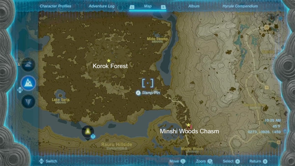 Minshi Woods Chasm and Korok Forest on the map of The Legend of Zelda: Tears of the Kingdom.
