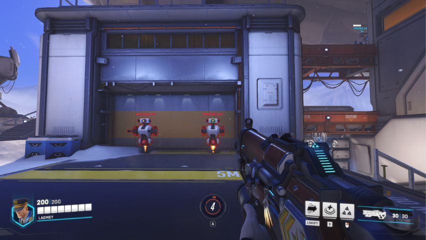 A neon green crosshair being used on a target dummy in the Overwatch 2 practice range.