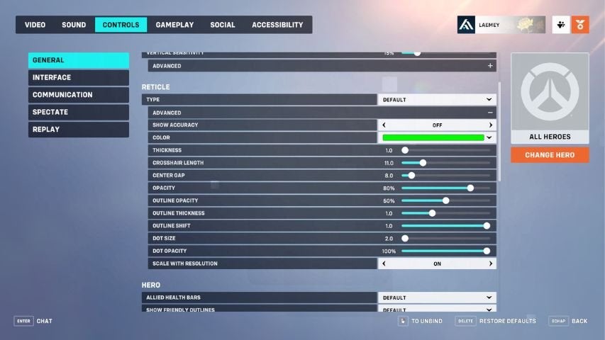 Advanced settings for the Reticle options in Overwatch 2's Controls menu.