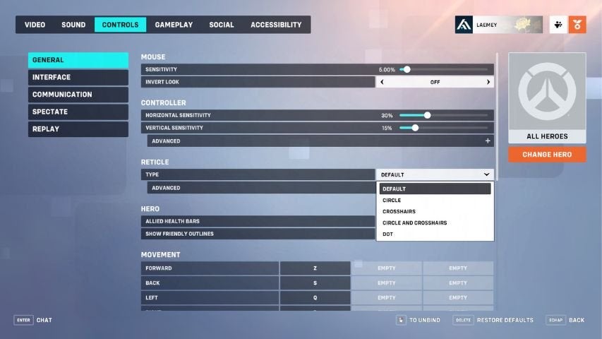 The Controls screen in Overwatch 2's Main Menu settings. This displays Reticle basic options.