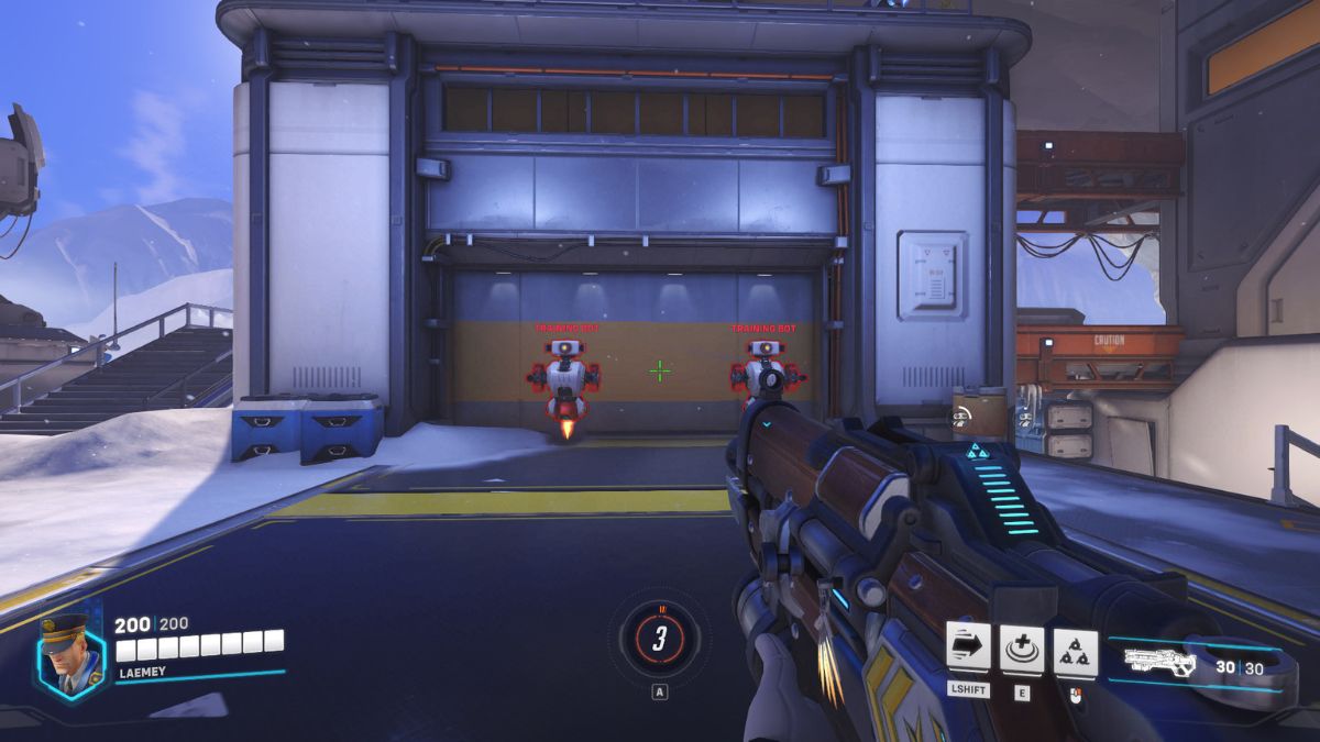 The practice shooting range in Overwatch 2 with neon green crosshairs in use.