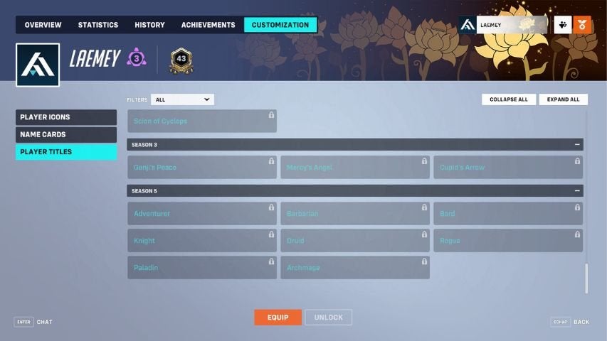 The Career Profile screen in Overwatch 2 showing some of the Competitive Player Titles available.