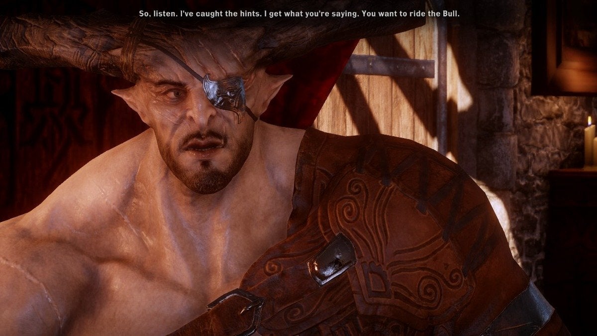 Iron Bull propositioning the Inquisitor in Dragon Age: Inquisition.
