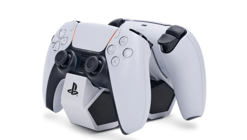 An official charging stand for the PlayStation 5's DualSense controllers.