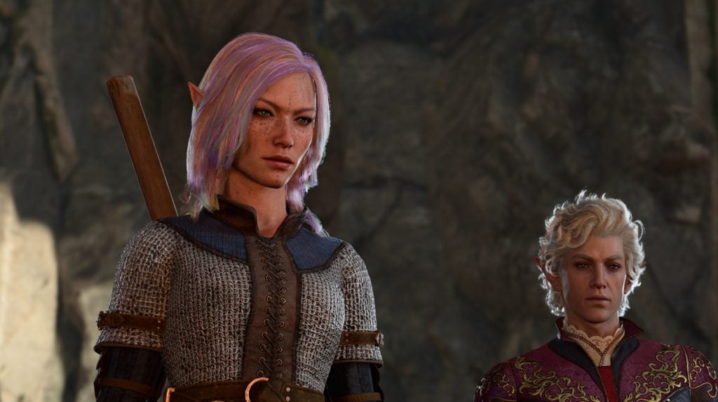 A High Elf Cleric and Asterion in Baldur's Gate 3.