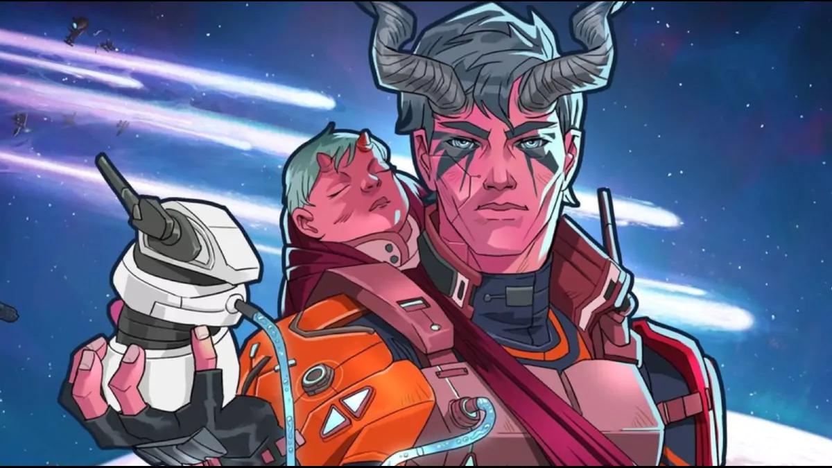 A horned man and child on the cover of the RImWorld Biotech expansion.