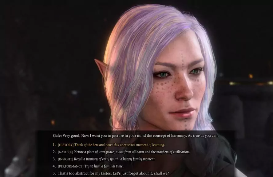 Dialogue options in Baldur's Gate 3 that show which proficiency correlates with which option.