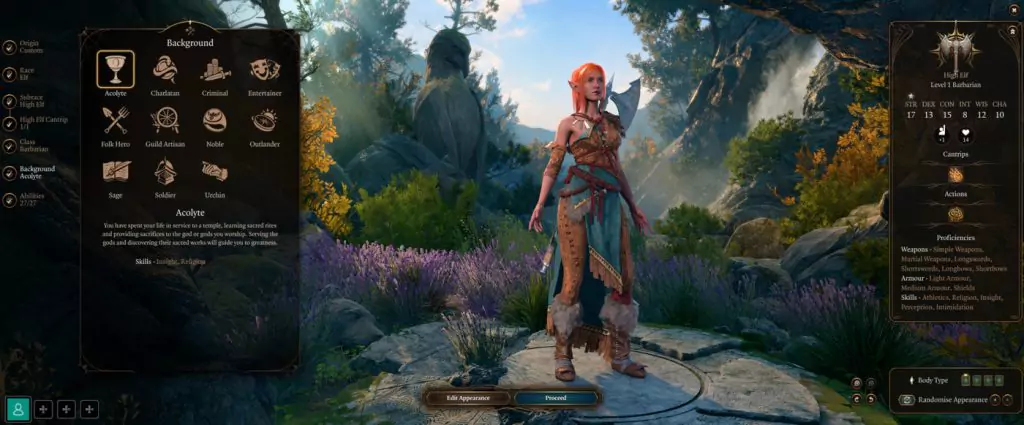The list of backgrounds on the character creation screen in Baldur's Gate 3.