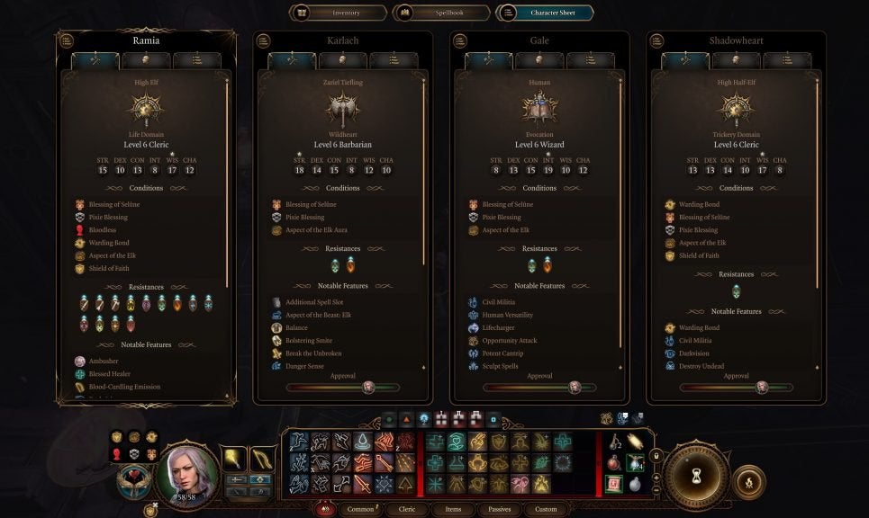 The Character Sheet showing each character's stats in Baldur's Gate 3. Stats may dictate which Baldur's Gate 3 Feats a character can take.
