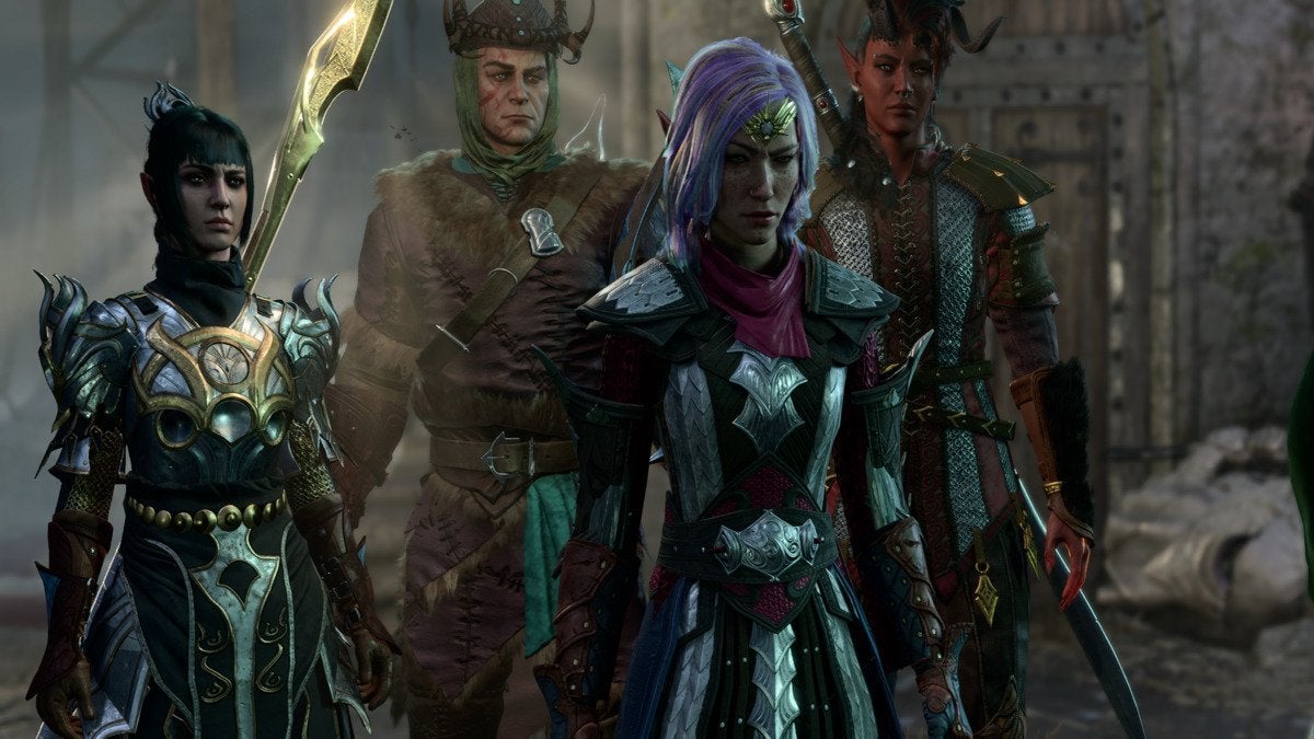 The protagonist along with her companions Shadowheart, Karlach, and Halsin in Baldur's Gate 3.