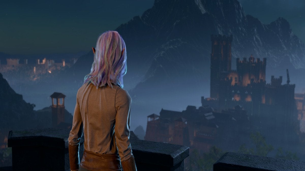 The main character of Baldur's Gate 3 gazing over the city of Baldur's Gate.