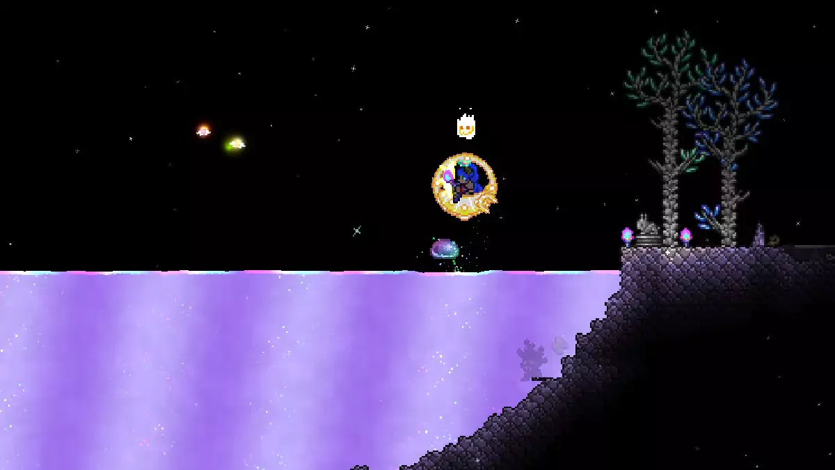 A Terraria player in the Aether biome hovering over a pool of Shimmer with Faelings.