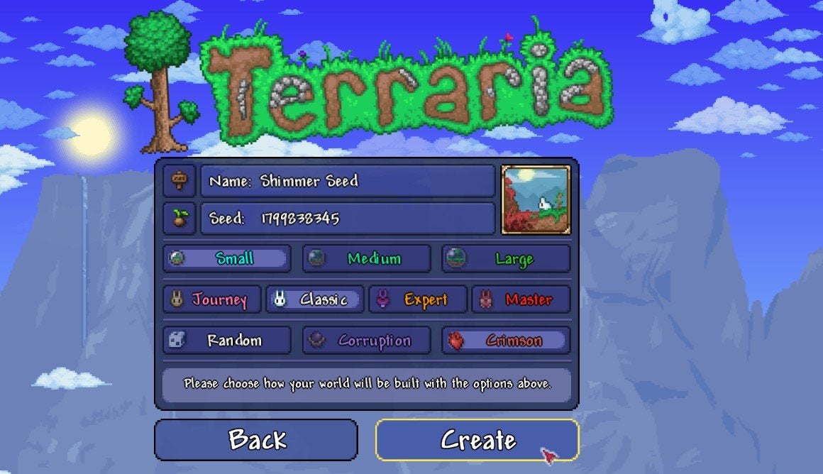 The world creation menu for the best Shimmer seed in Terraria. 