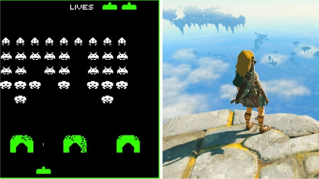 On the left is gameplay from Space invaders and, on the right, is Link in The Legend of Zelda: Tears of the Kingdom standing on the edge of an island in the sky.