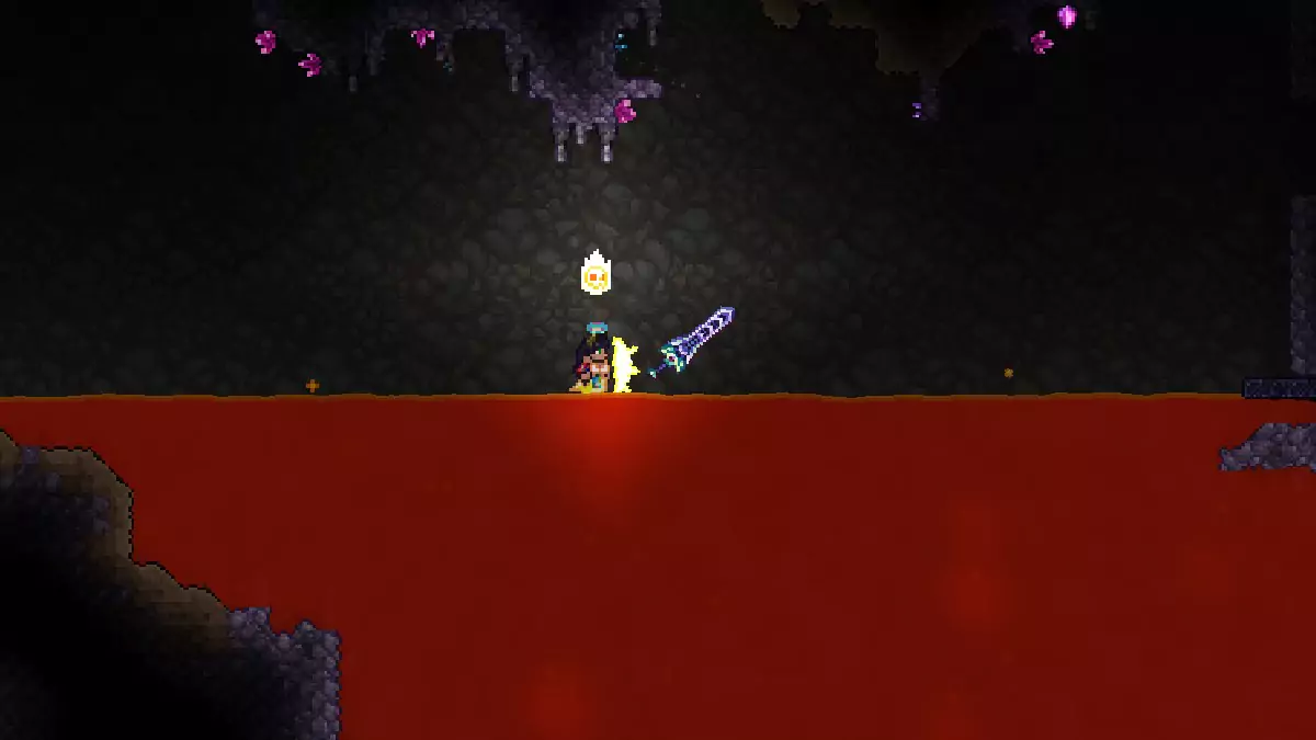 The player throwing the Zenith sword into Lava.