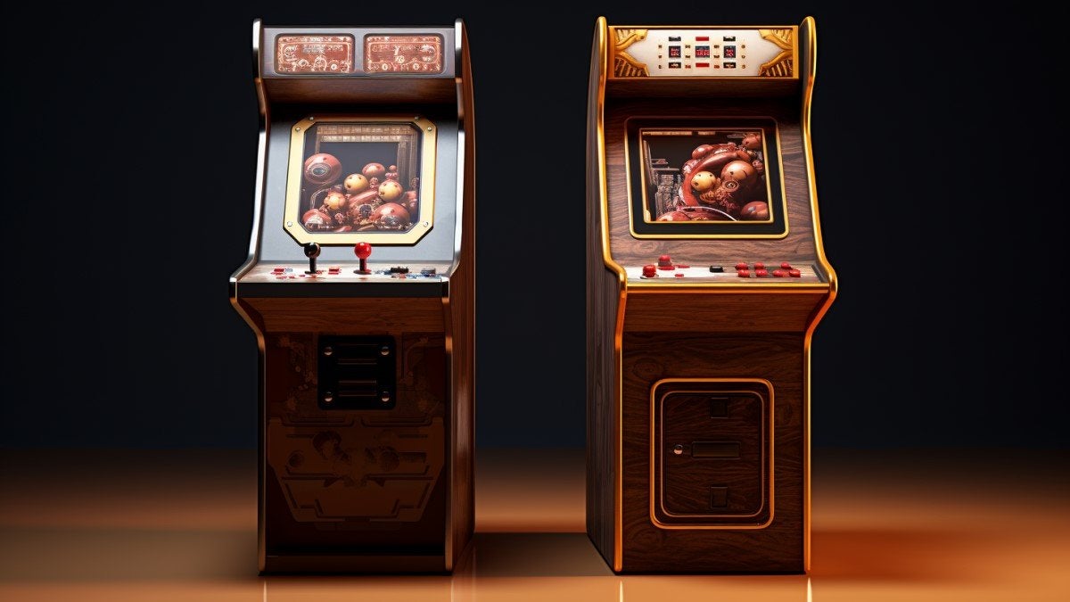 Two old school arcades cabinets side by side.