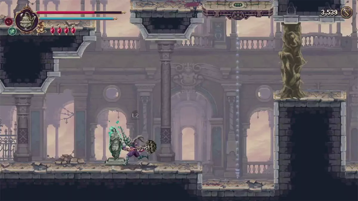 A saint statue near a brown flesh wall blocking the way to an upgrade statue.