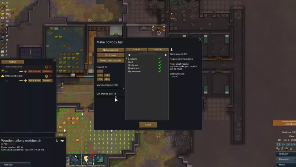 Crafting a Cowboy Hat in Rimworld.