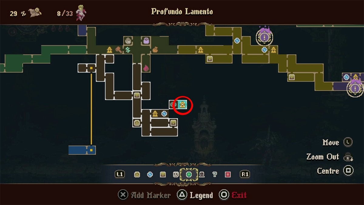The location of the first acquirable Abandoned Rosary Knot on the map marked in red. It's in Profundo Lamento.