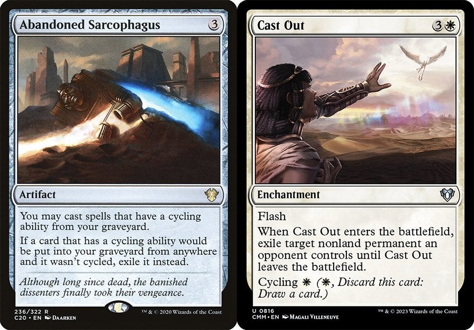 On the left is an artifact that lets spells be cast from the graveyard if they have Cycling as an ability, and, on the right, is a white enchantment that has Flash and Cycling as abilities. Both cards are from Magic: The Gathering.