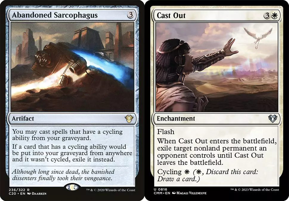 On the left is an artifact that lets spells be cast from the graveyard if they have Cycling as an ability, and, on the right, is a white enchantment that has Flash and Cycling as abilities. Both cards are from Magic: The Gathering.