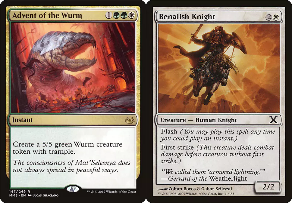 A white and green instant that creates a 5/5 Wurm creature token on the left and a white creature card on the right that has First Strike. Both are from Magic: The Gathering.