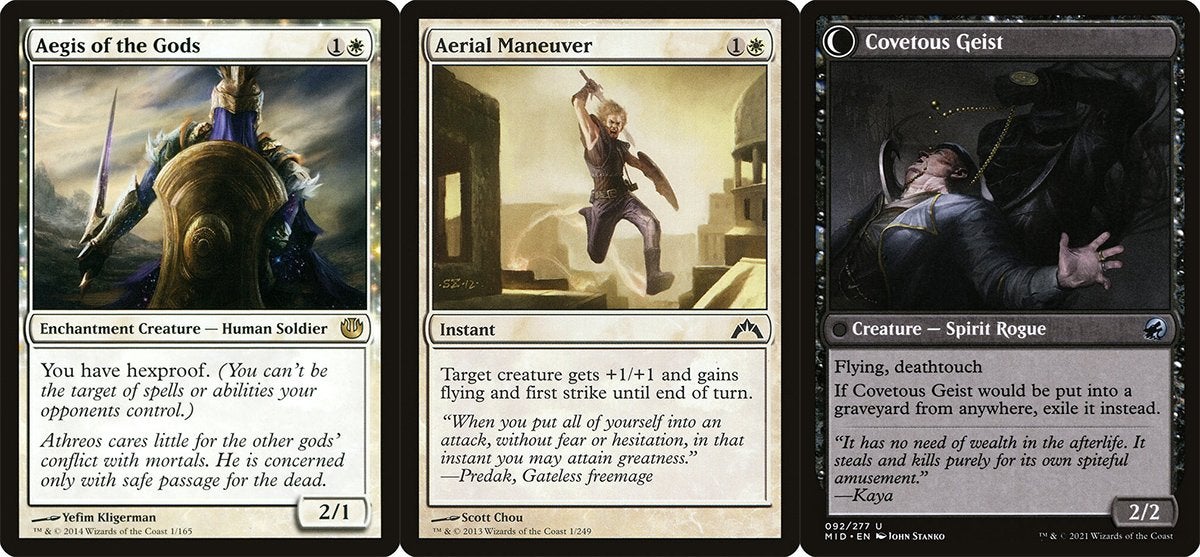 A white creature card on the left, a white instant card in the middle that grants a creature +1/+1, Flying, as well as First Strike, and a black creature card on the right with Flying and Deathtouch. All are from Magic: The Gathering.