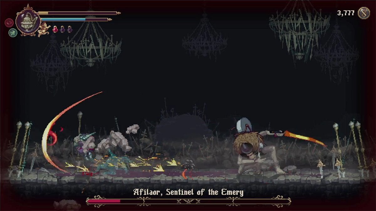 Afilaor slashing at the player with a golden sword that creates a crescent-shaped projectile.
