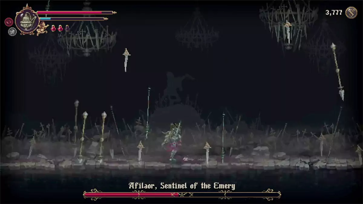 Afilaor, Sentinel of the Emery throwing many bladed weapons at the player from a distance.