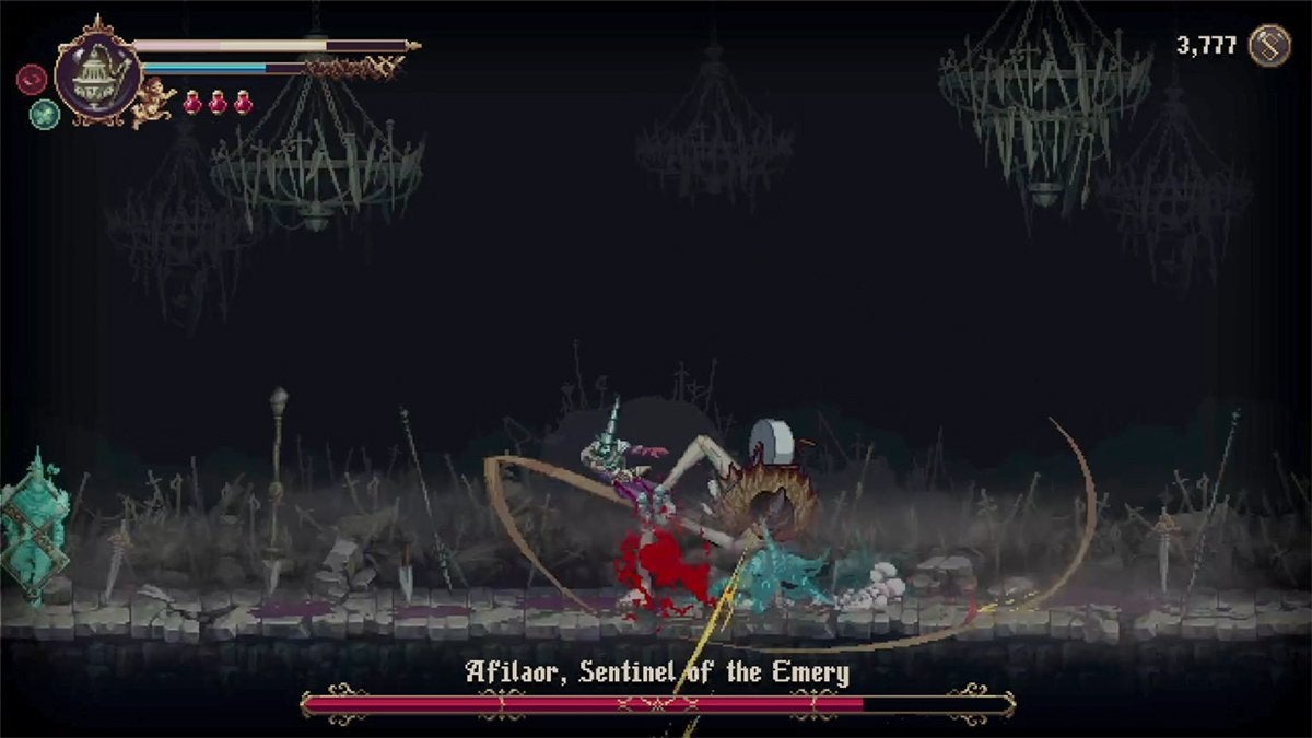Afilaor slashing at the player with their large sword.
